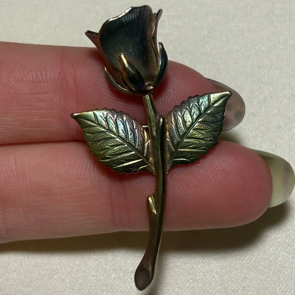 Vtg Iridescent Metallic Rose Brooch